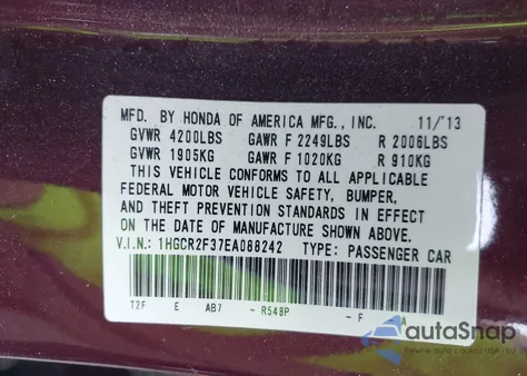 2014 Honda Accord Lx из США, поврежденный, VIN 1HGCR2F37EA088242